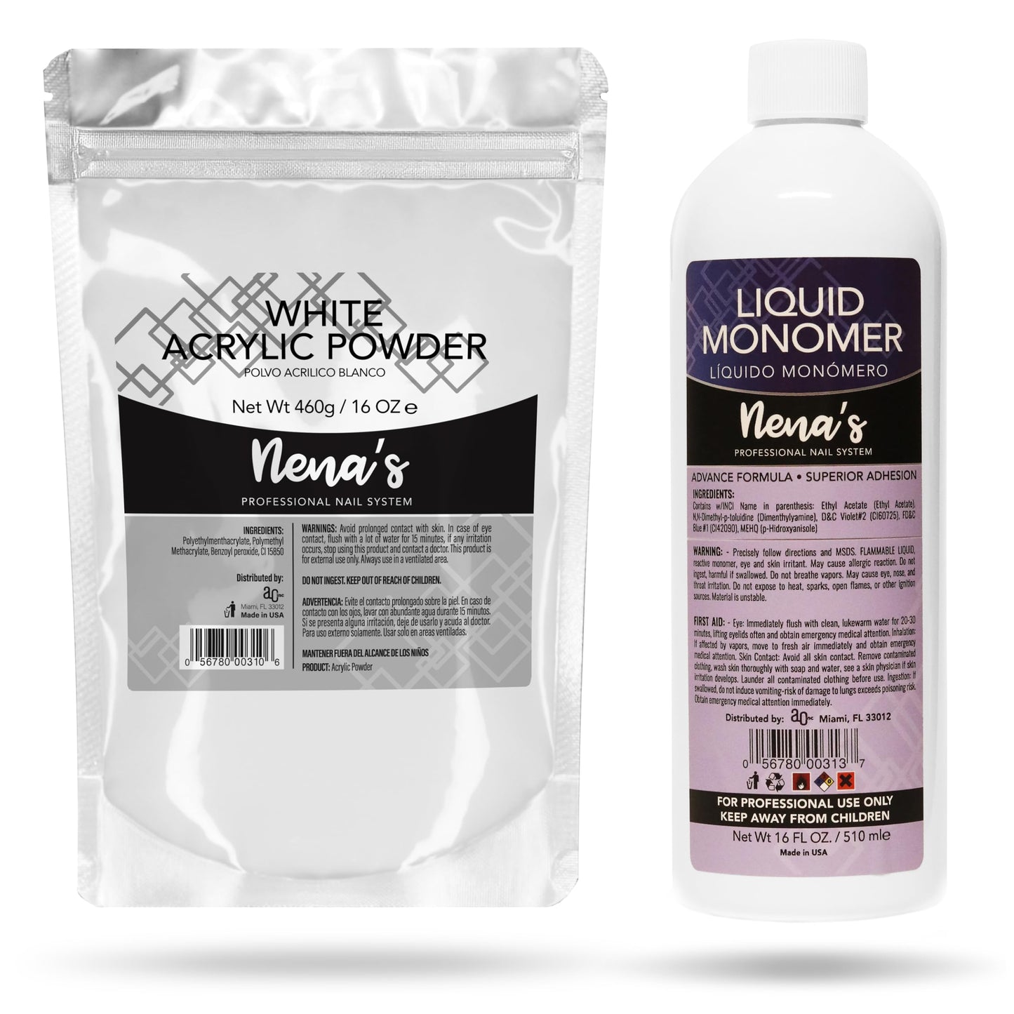 Nena's 16oz Acrylic Liquid monomer + 16oz Clear Acrylic Powder Made in USA Clear Pink (Cover White) Beauty & Personal Care Nena's
