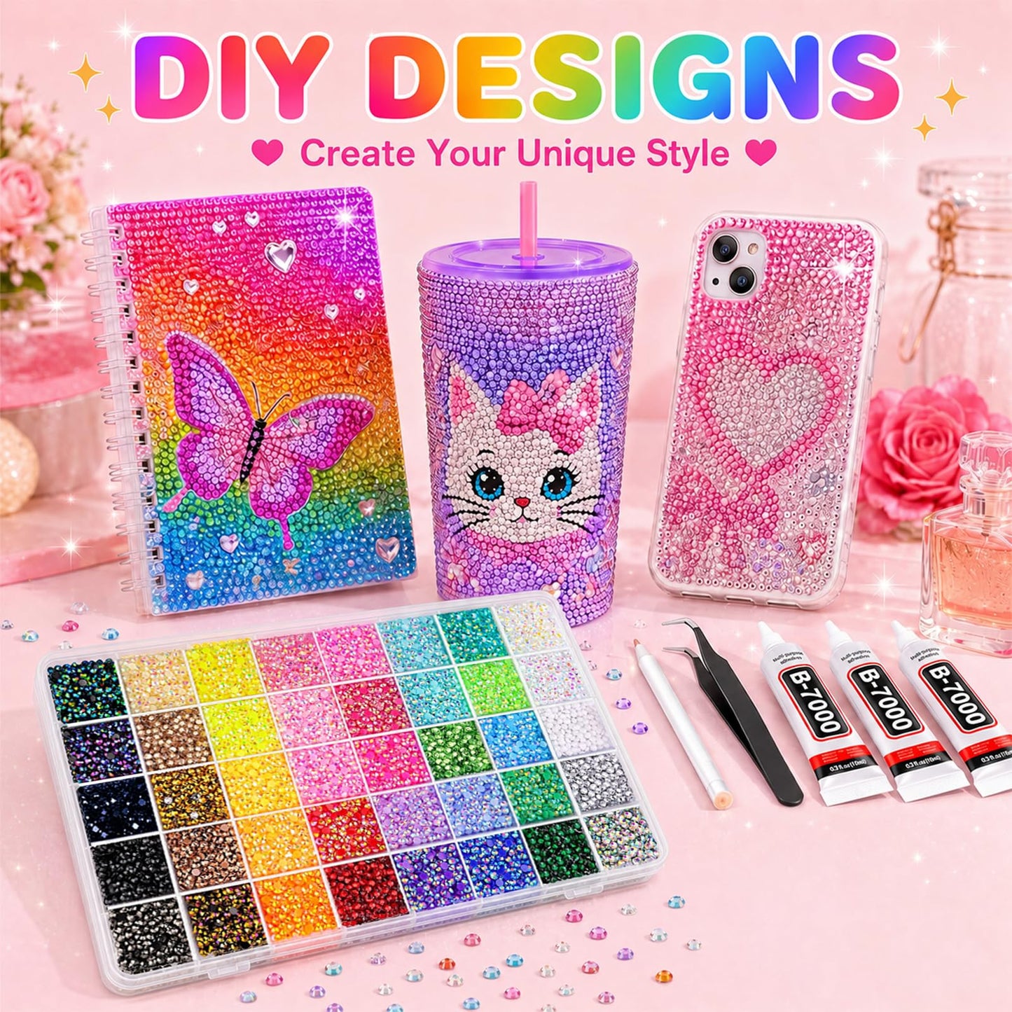 ZGZZGZ 50000 Pcs Resin Jelly Rhinestones Flat Back, 3mm Multicolor Bedazzling Gems Kit with 3Pcs B7000 Glue, Bulk Colorful Rhinestones for Nail Art Beauty and Personal Care ZGZZGZ