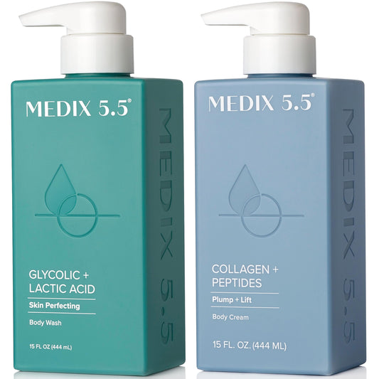 MEDIX 5.5 Exfoliating AHA Glycolic Acid Face & Body Wash Cleanser + Collagen Moisturizing Body Cream Lotion Skin Care 2PC Set | Alpha Hydroxy Acid
