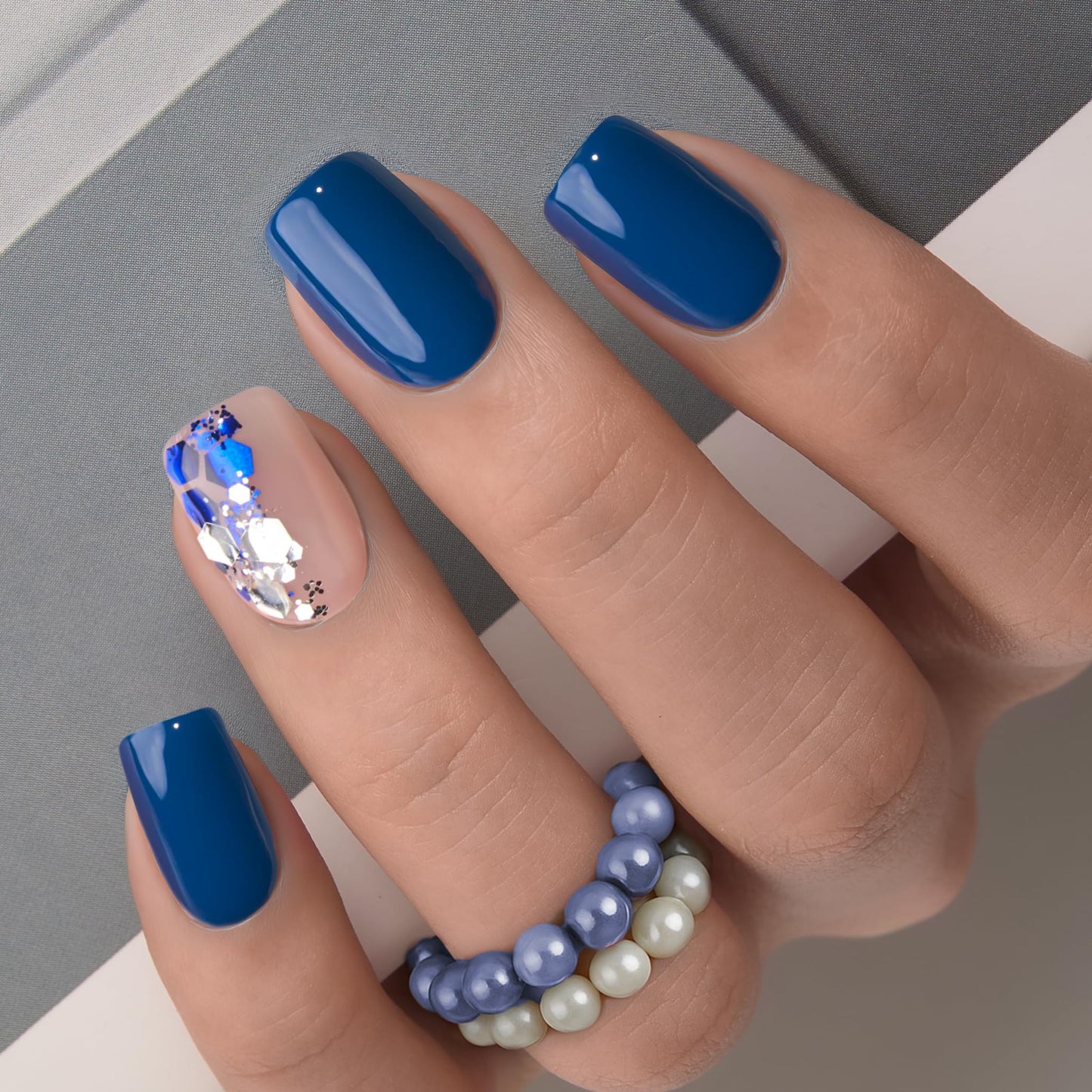 CurvLife Press On Nails Stick On Nails Deeping Blue Short Square Fake Nails Design Acrylic Nails Tips Glue On False Nails For Women Beauty and Personal Care CurvLife Default Title