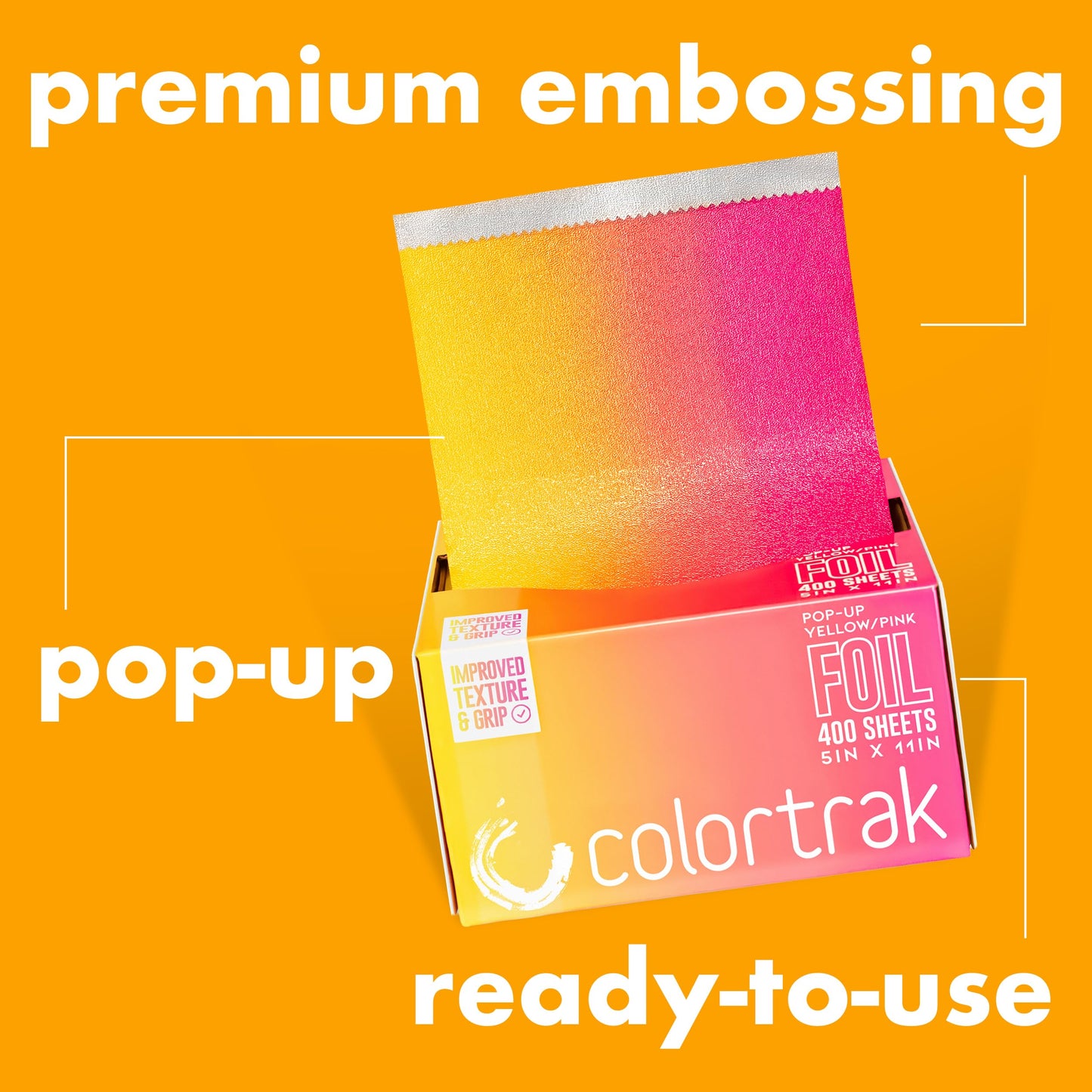 Colortrak Yellow/Pink Gradient Pop-up Foil w/Dispenser (400 Count), Pre-cut Sheets, Non-Slip Embossed Texture, 5" x 10.75" Sheets for Hair Foil