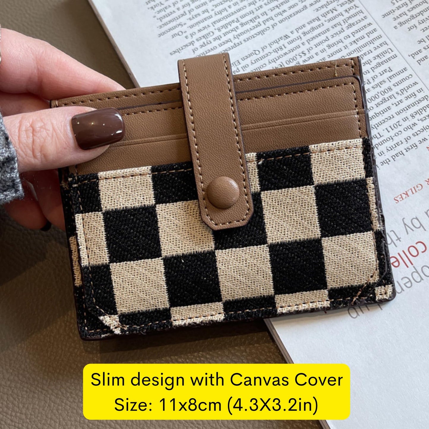 TURBOOST Cute Slim Card Holder Canvas Front Pocket Checkered Wallet, Small Credit Card Case for Women (Brown)