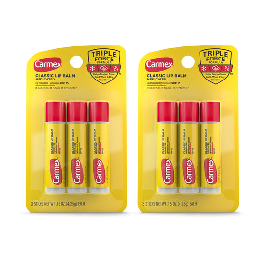 Carmex Medicated Lip Balm Sticks, Lip Moisturizer for Dry, Chapped Lips, 0.15 OZ - (2 Packs of 3)