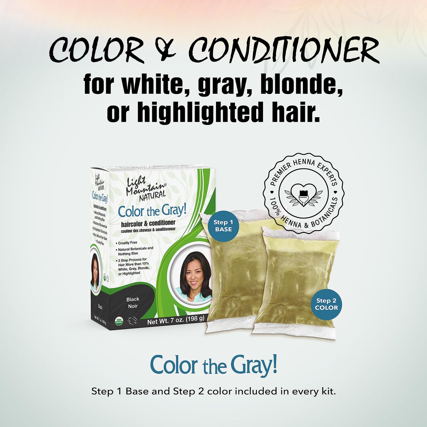 Light Mountain Henna Hair Color & Conditioner, Color the Gray - Black Hair Dye for Men/Women, 2-Step Chemical-Free, Semi-Permanent Hair Color