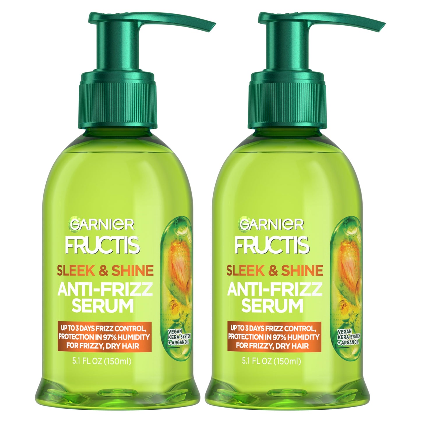 Garnier Fructis Sleek & Shine Anti-Frizz Serum, Leave-In Hair Treatment with Vegan Kera System + Argan Oil, Up to 72HR Frizz Control and Humidity