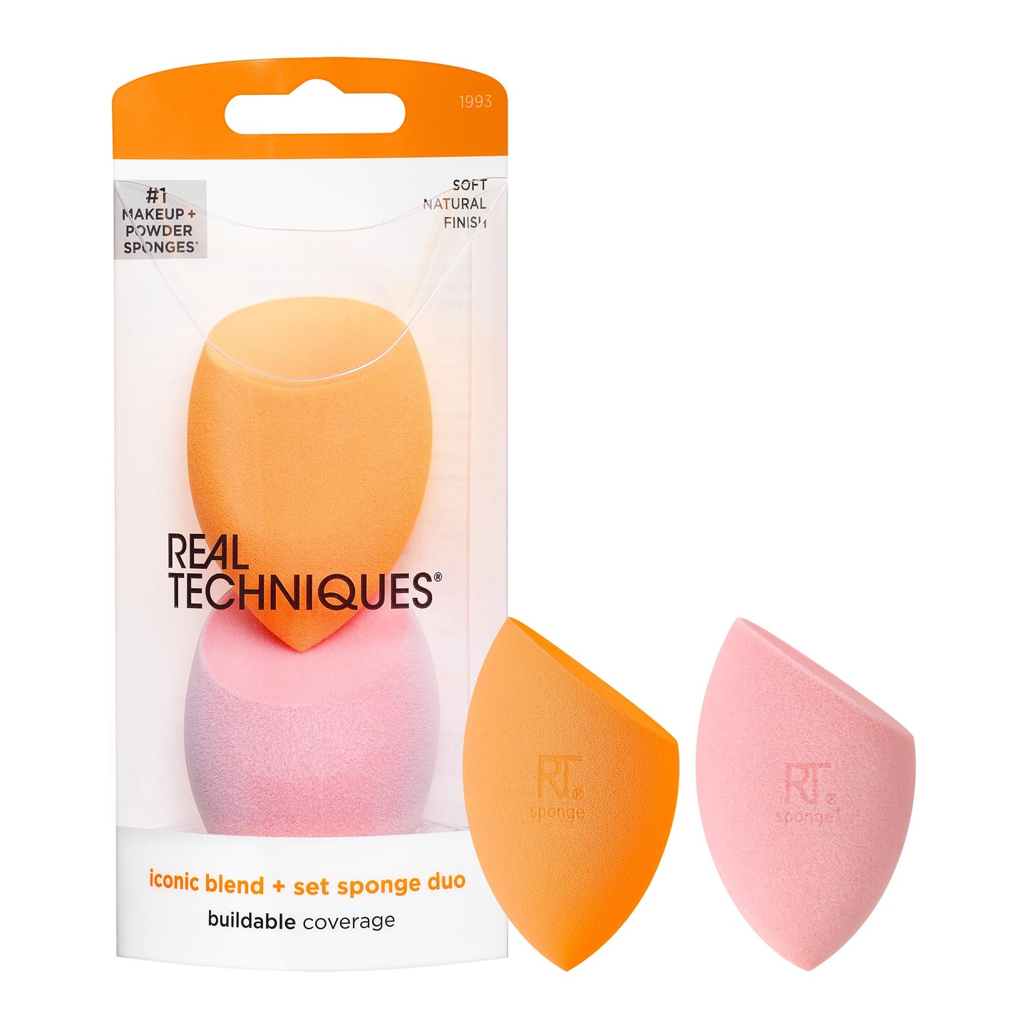 Real Techniques Iconic Blend + Set Makeup Sponge Duo, Makeup Blending Sponges, For Liquid, Cream, & Powder, Cloud Skin, Powder Sponge & Foundation
