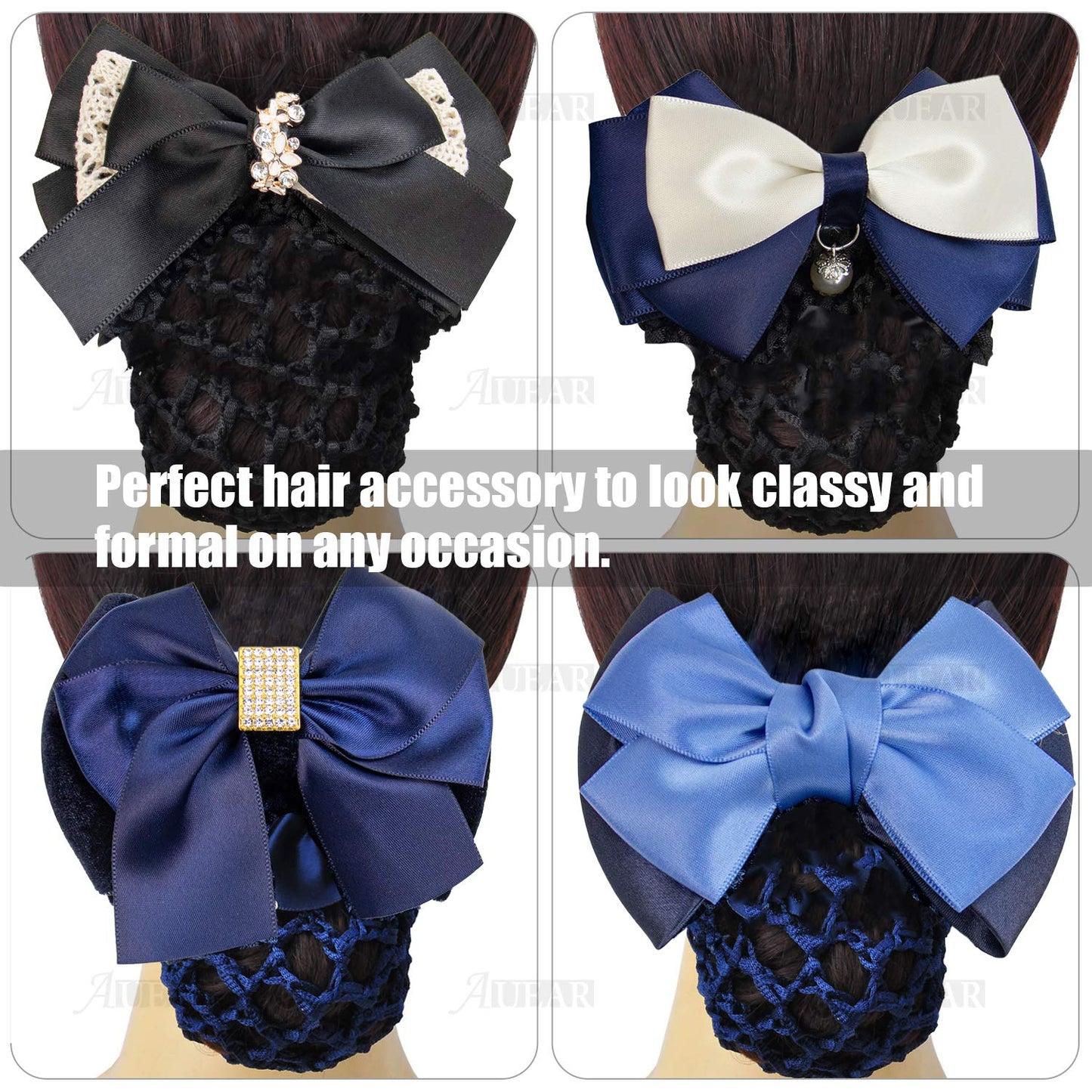 AUEAR, 4 Pcs Satin Hair Bow with Snood Net Barrette Bowknot Clip Bun Cover Hairnets for Women