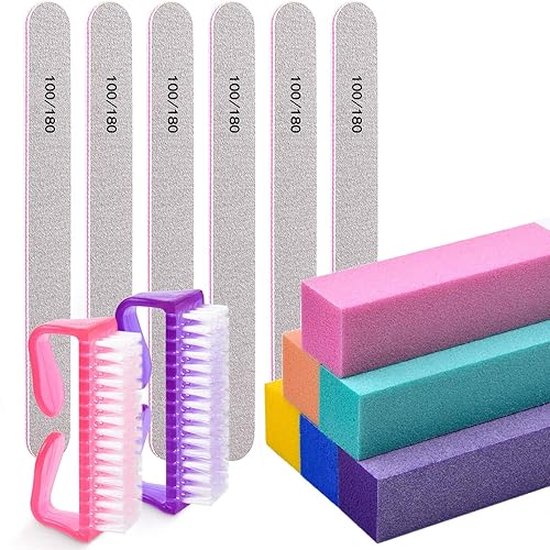 MORGLES Nail Files and Buffers, Natural and Acrylic Nail Care Kit, 6 Pcs 100/180 Grit File, 6 Pcs Rectangular Buffer Blocks and 2 Brushes