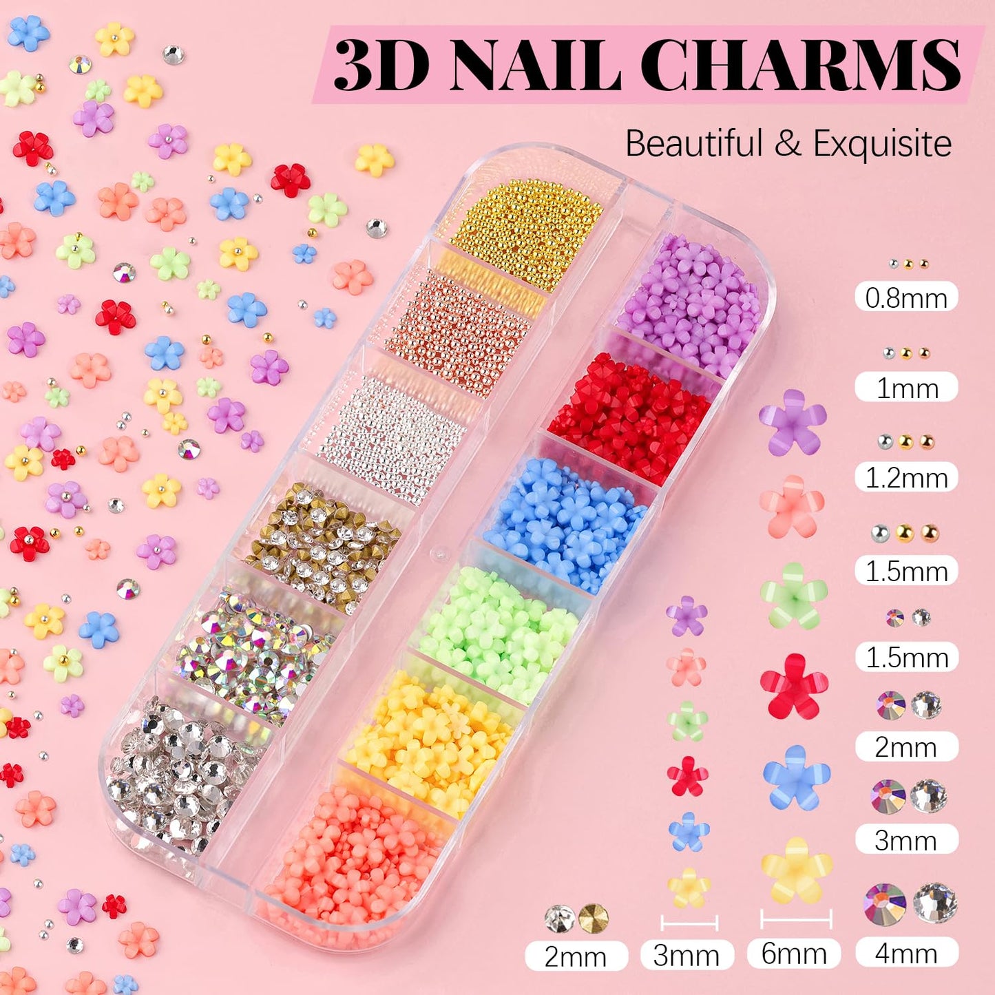 3D Flowers Nail Charms and Gems with Nail Rhinestone Glue Gel, Cute Colorful Acrylic 3D Flowers for Nails with Caviar Beads, Rhinestones for Nails