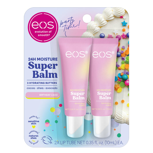eos 24H Moisture Super Balm - Birthday Cake, Day or Night Lip Treatment, Made for Sensitive Skin, Lip Balms & Moisturizers, 0.35 fl oz, 2-Pack Beauty and Personal Care eos