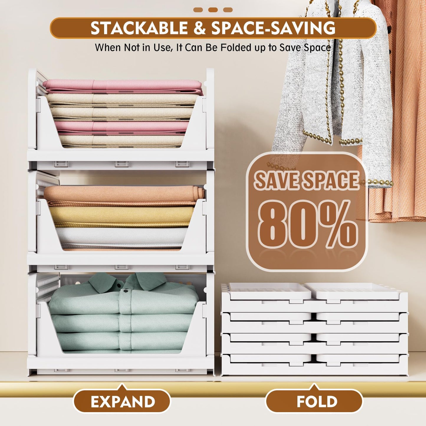 SNSLXH 5-Pack Stackable Storage Baskets – Foldable Closet Organizer for Bathroom, Kitchen, Laundry & Wardrobe – White, Space-Saving