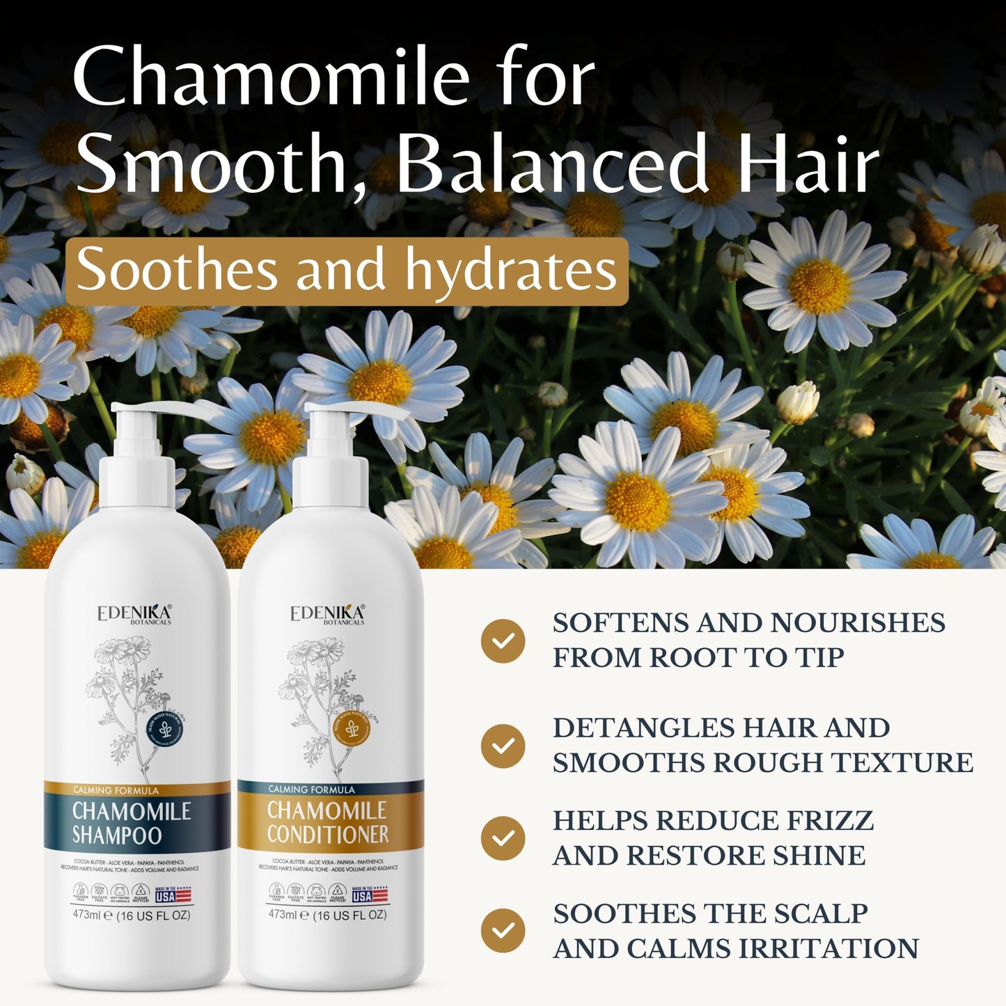 Edenika Botanicals Chamomile Shampoo and Conditioner Set, Calming Formula with Certified Organic and Natural Ingredients Intense Nourishment Makes