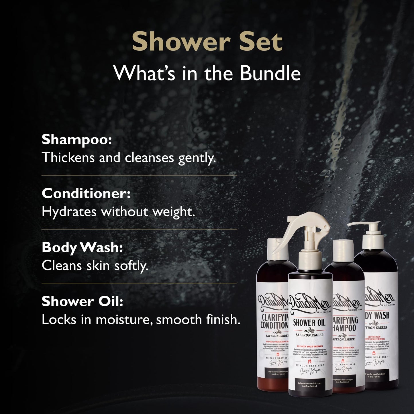 DandyMen Men’s Shower Set - Shampoo, Conditioner, Body Wash & Shower Oil - Cleansing & Moisturizing Grooming Kit for Hair & Skin (Saffron Ember)