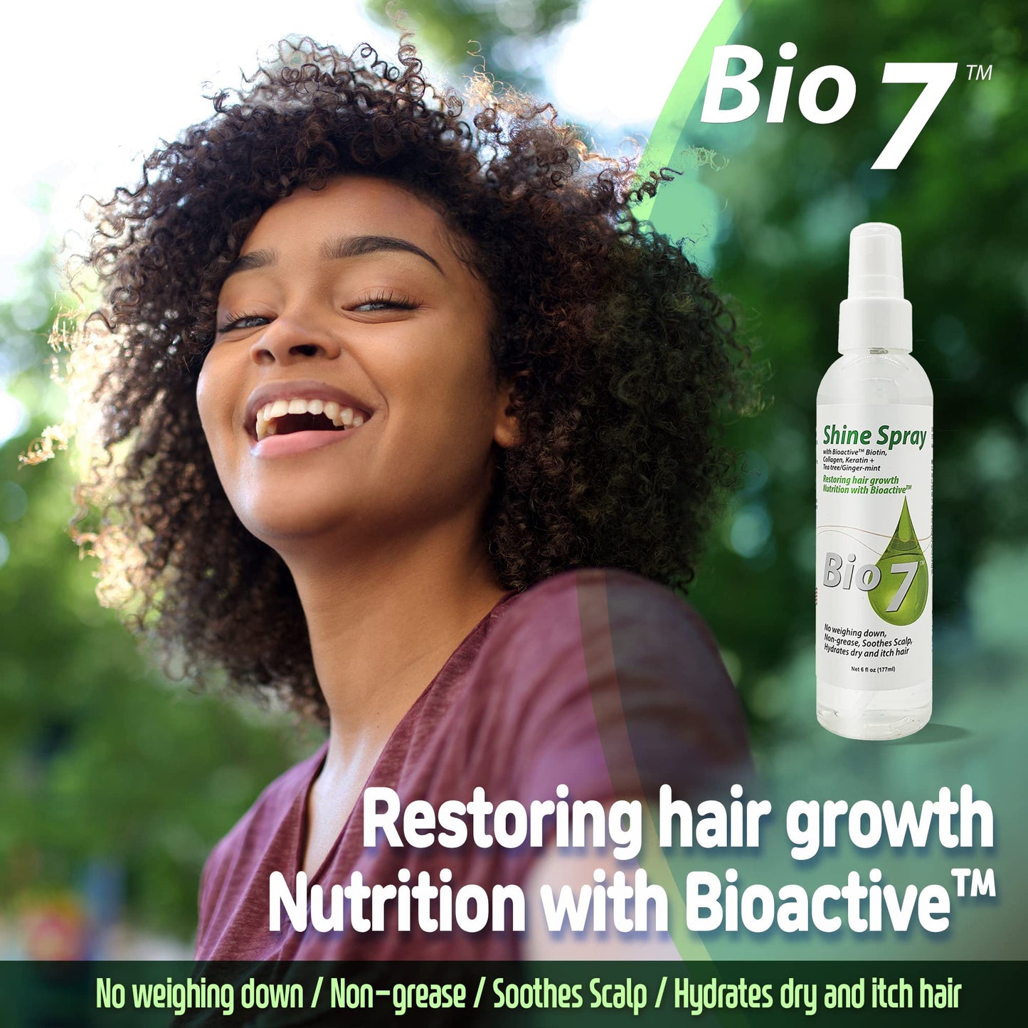 BIO7 SHINE SPRAY W/ BIOACTIVE BIOTIN, COLLAGEN, KERATIN + TEA TREE/GINGER-MINT - 6 Fl Oz - Leave Natural Hair, Wigs, and Weaves with a Glossy Shine