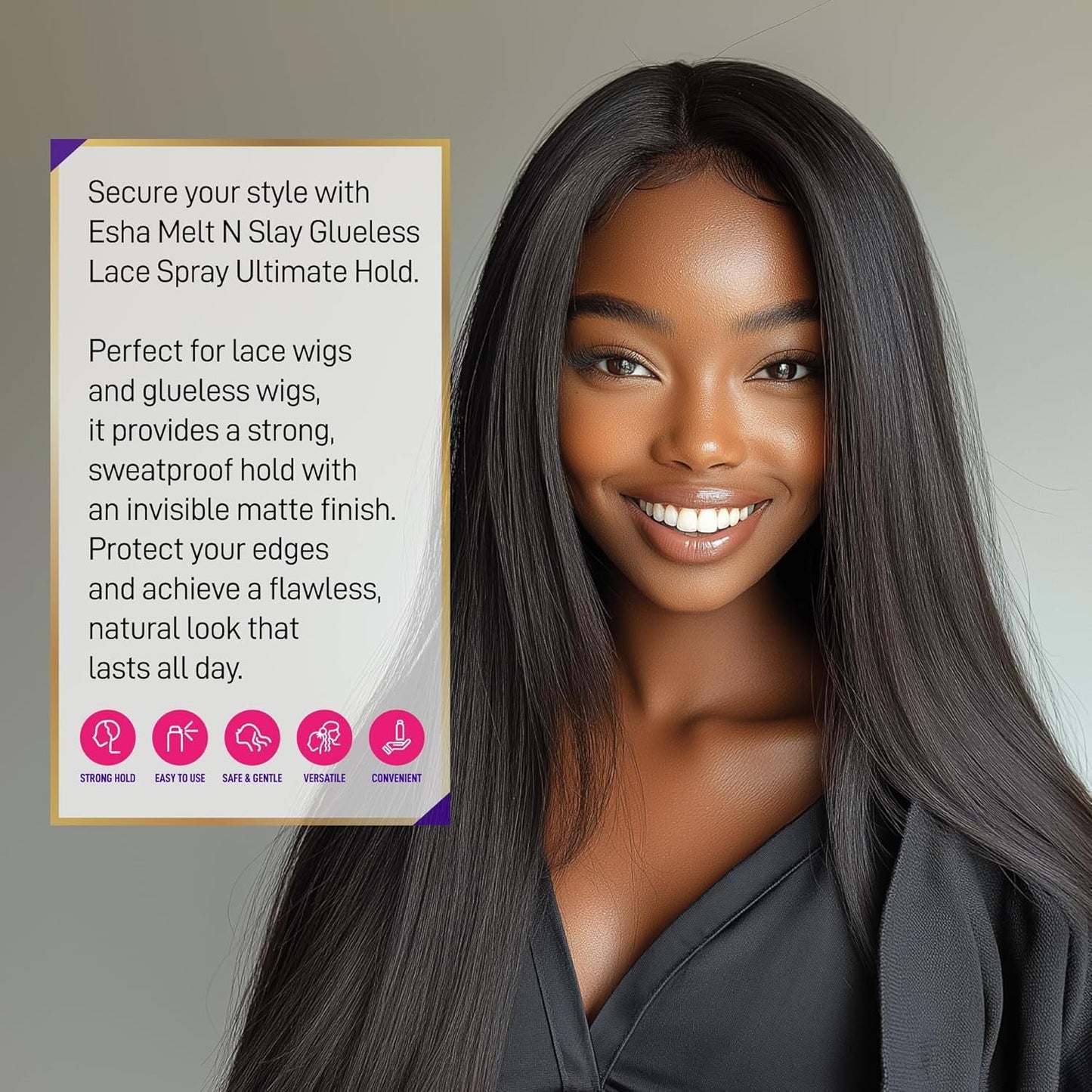 Esha MELT N SLAY Glueless Lace Spray - Ultimate Hold, Sweat & Water Resistant, Long-Lasting Secure Grip for Lace Wigs, Invisible Matte Finish & Edge
