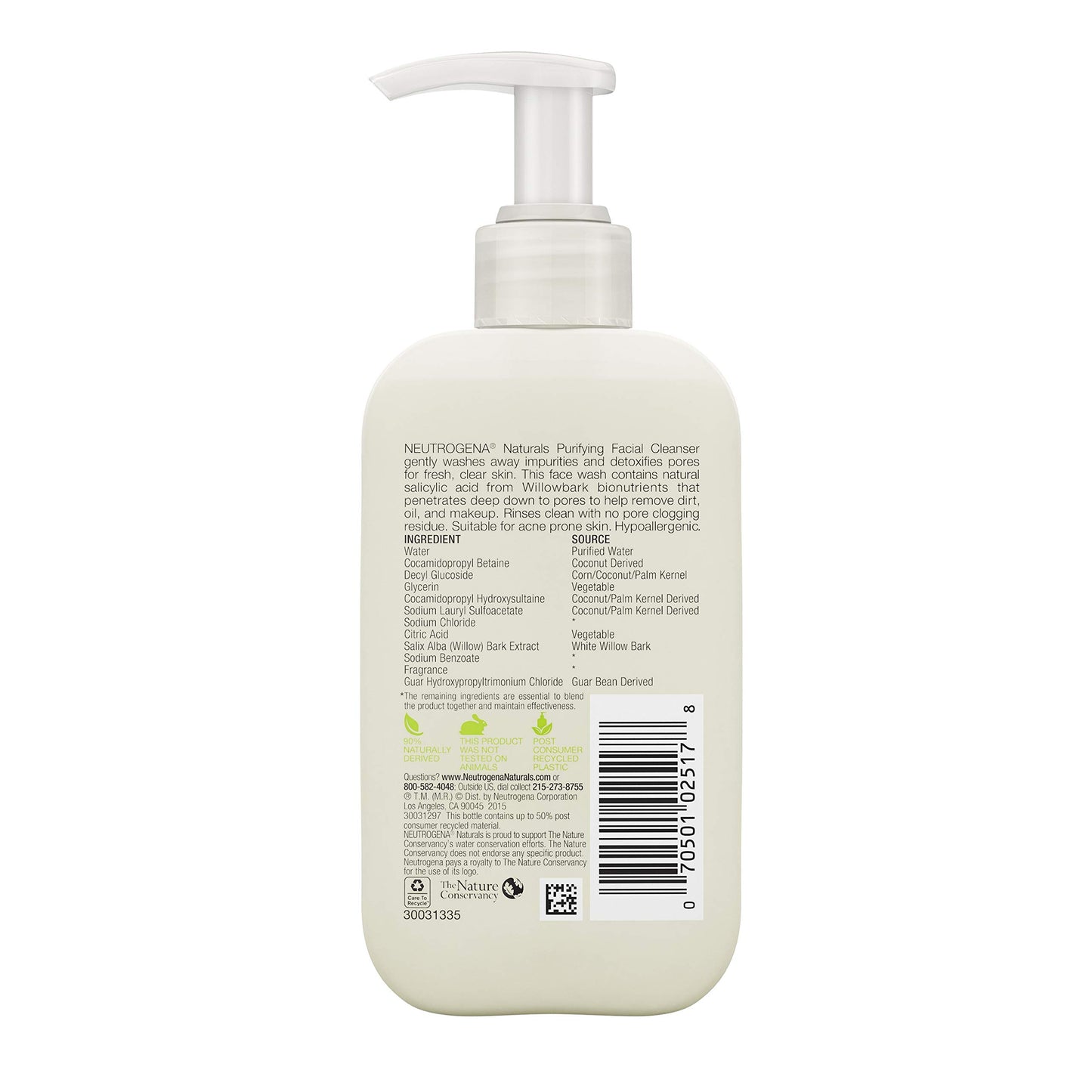 Neutrogena Naturals Purifying Daily Facial Cleanser with Natural Salicylic Acid from Willowbark Bionutrients, Hypoallergenic, Non-Comedogenic