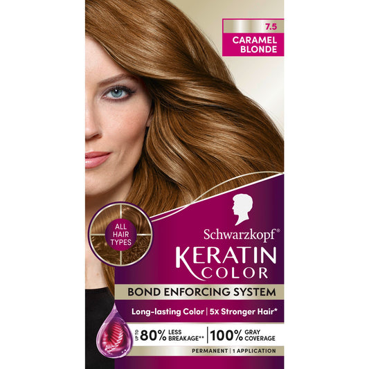 Schwarzkopf Keratin Permanent Hair Dye Cream, 7.5 Caramel Blonde, Professional Quality Color for Up to 100% Gray Coverage, Bond Enforcing System
