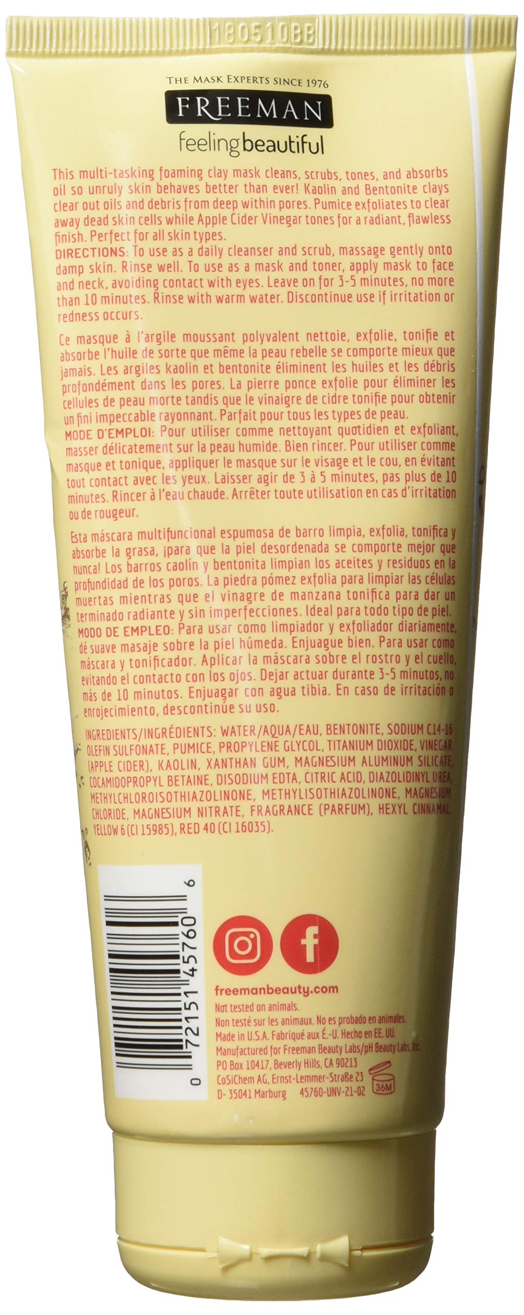 Freeman Cleansing Apple Cider Vinegar Clay Mask & Facial Scrub, Face Mask Tones, Purifies, Flawless Complexion, Clay and Pumice Exfoliate Pores, All