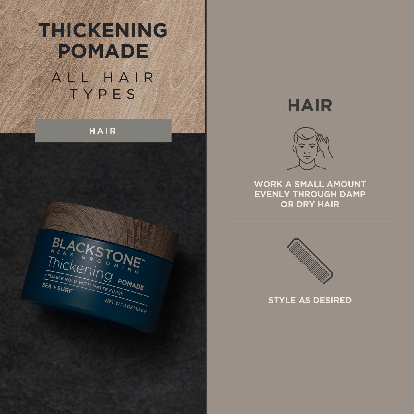 Blackstone Men's Grooming Hair Thickening Pomade - Pliable Hold with Matte Finish | Paraben & | Sea + Surf Scent (4 Oz)