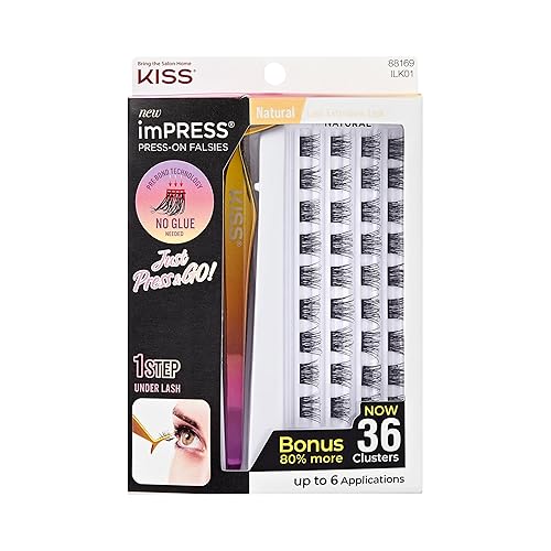 KISS imPRESS Falsies Press On Self Adhesive Eyelashes, 12mm-14mm Natural Volume Press On Lashes, Black, No Glue Needed, Invisible Band, 20 Lash