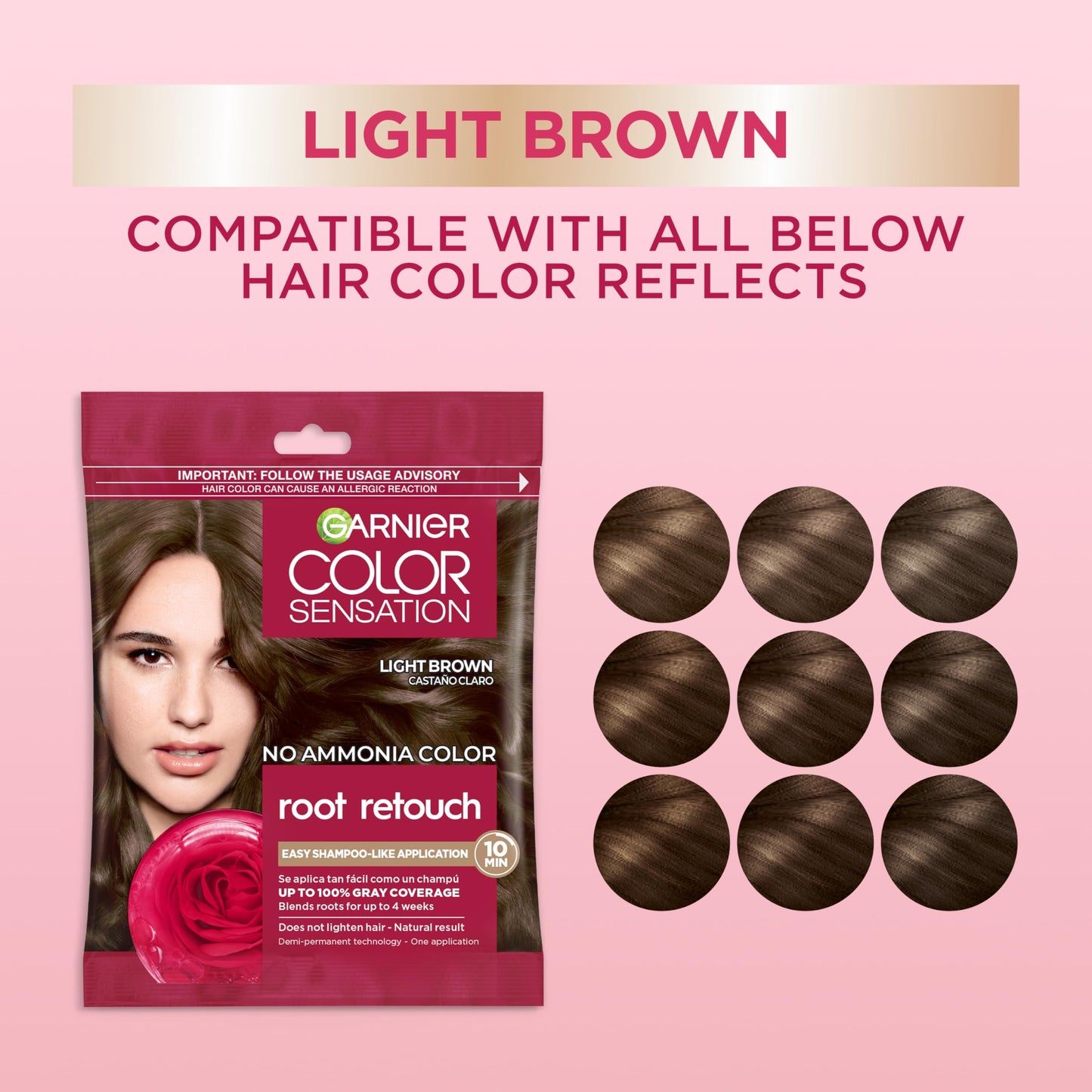 Garnier Color Sensation Root Retouch, Demi Permanent Hair Dye for Roots with 100% Gray Coverage and No Ammonia, Light Brown 6.0, Pack of 6 (Packaging