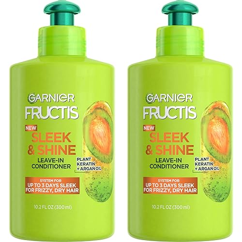 Garnier Fructis Sleek & Shine Leave-In Conditioning Cream for Frizzy, Dry Hair, Plant Keratin + Argan Oil, 10.2 Fl Oz, 2 Count (Packaging May Vary)