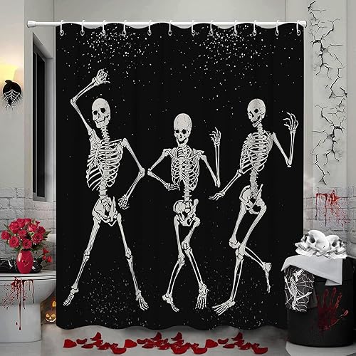 Skull Black White Shower Curtain Happy Halloween Skulls Skeleton Spanish Shower Curtain for Day of The Dead All Saints Day Waterproof Fabric Bathroom…