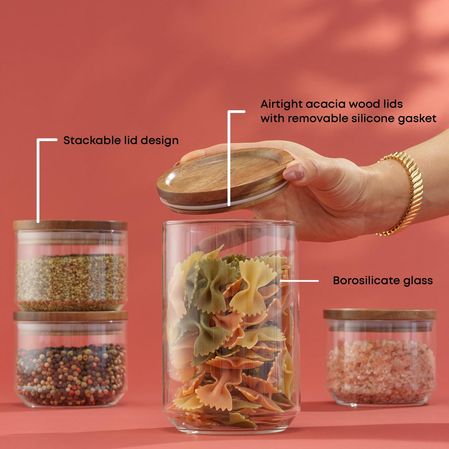 JoyJolt Holden 7-Piece Stackable Glass Storage Containers with Lids, Airtight Food Canister Set with Acacia Wood Lids, Round Stacking Pantry…