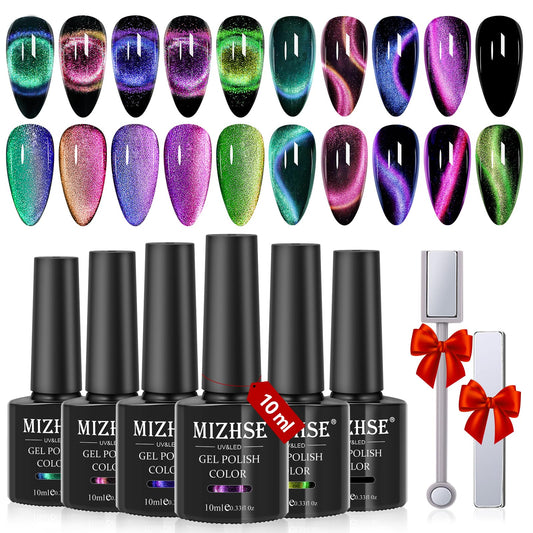 MIZHSE 9D Cat Eye Gel Nail Polish, Magnetic Cat Eye Gel Polish Set, 10ml*6 with 2 Magnets, Classic Colors Chameleon Magic Galaxy Effect Soak off Nail