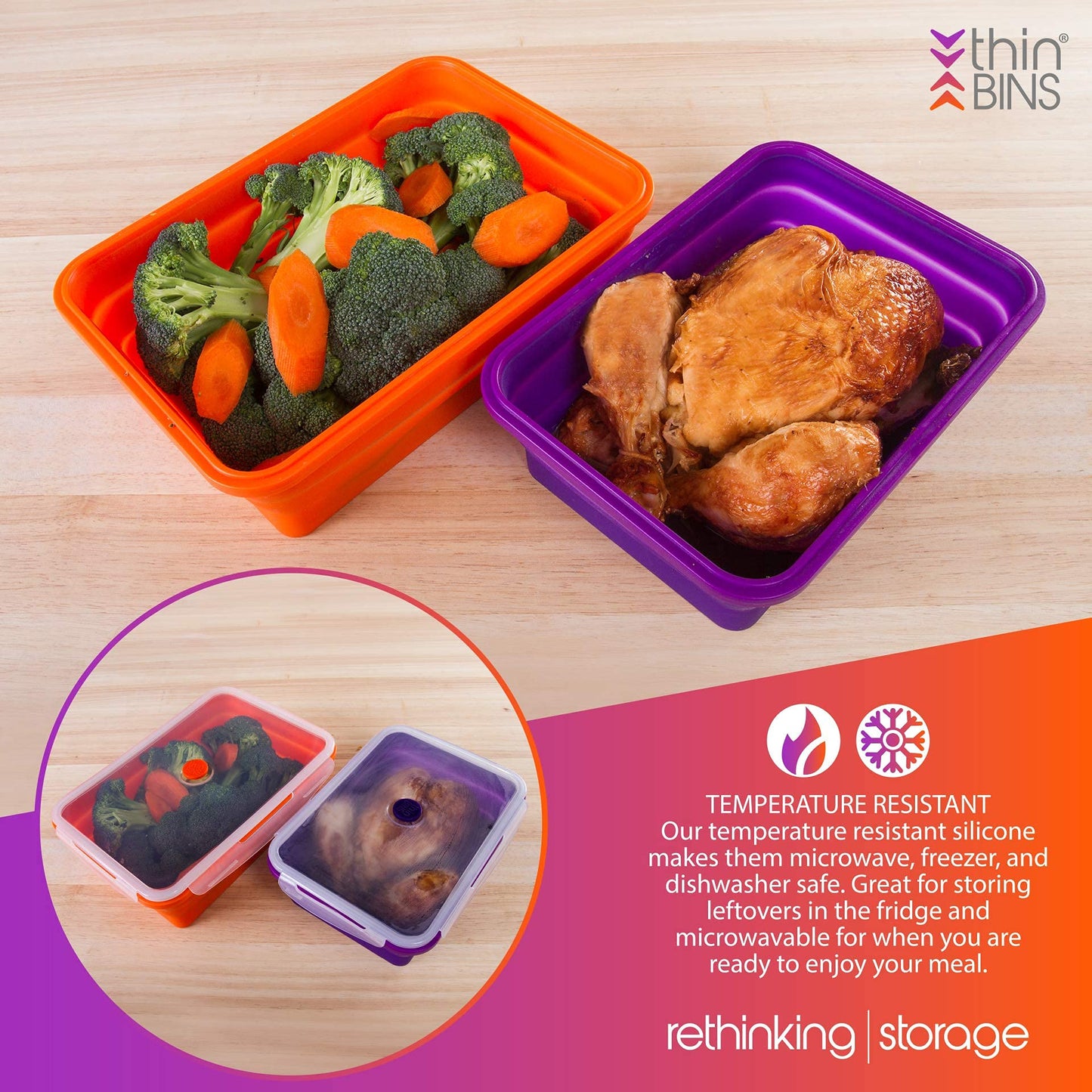 Kitchen Home Thin Bins Collapsible Containers - Set of 2 Extra Large Rectangle Silicone Food Storage Containers - BPA Free, Microwave, Dishwasher…