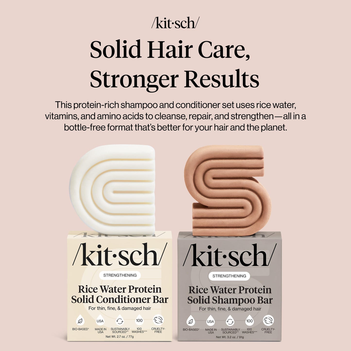 Kitsch Rice Water Protein Solid Shampoo and Conditioner Set for Hair Growth - Strengthening Hair Care Duo w/Rice Protein & Vitamins for Damage Repair
