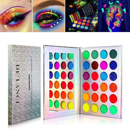 DE'LANCI Neon Eyeshadow Palette Glow in the Dark, Aurora Glow Eyeshadow Pallets Stage, Halloween Christmas Makeup Kit UV Blacklight Matte and Glitter