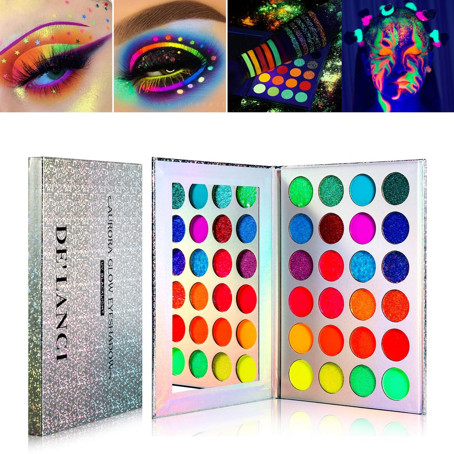 DE'LANCI Neon Eyeshadow Palette Glow in the Dark, Aurora Glow Eyeshadow Pallets Stage, Halloween Christmas Makeup Kit UV Blacklight Matte and Glitter