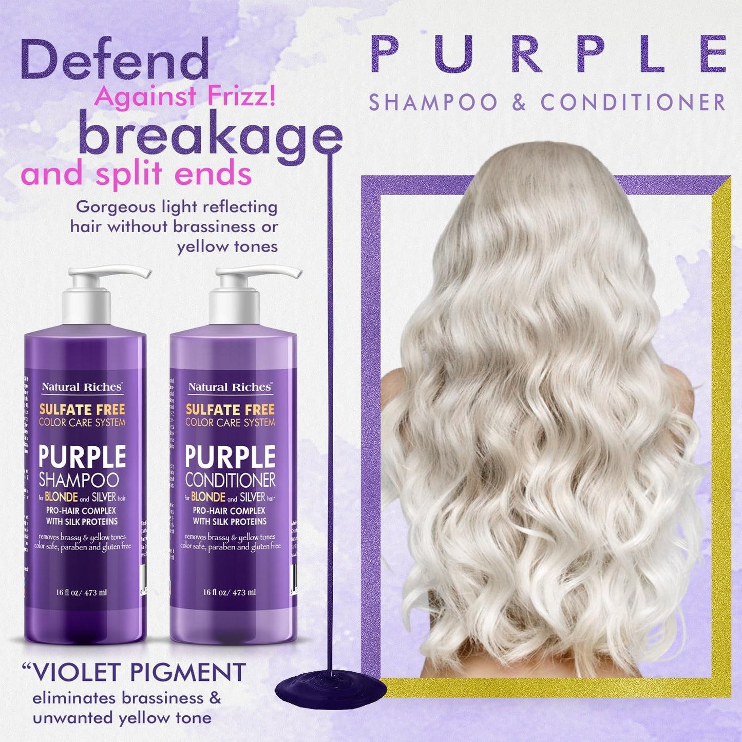 Natural Riches Purple Shampoo and Conditioner Set for Blonde, Silver & Grey Hair - Sulfate-Free, Color-Safe, Removes Brassy & Yellow Tones