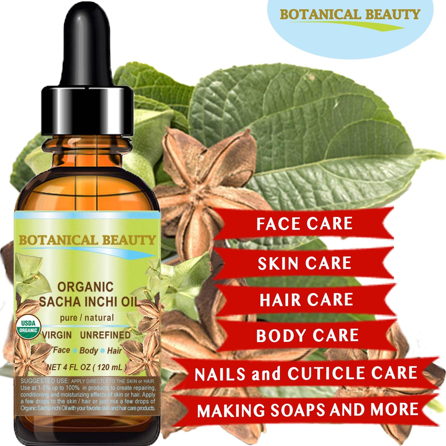 Botanical Beauty Organic SACHA INCHI OIL 100% Natural Pure Undiluted Virgin Unrefined Cold Pressed Carrier Certified Organic Oil For Face, Skin, Hair