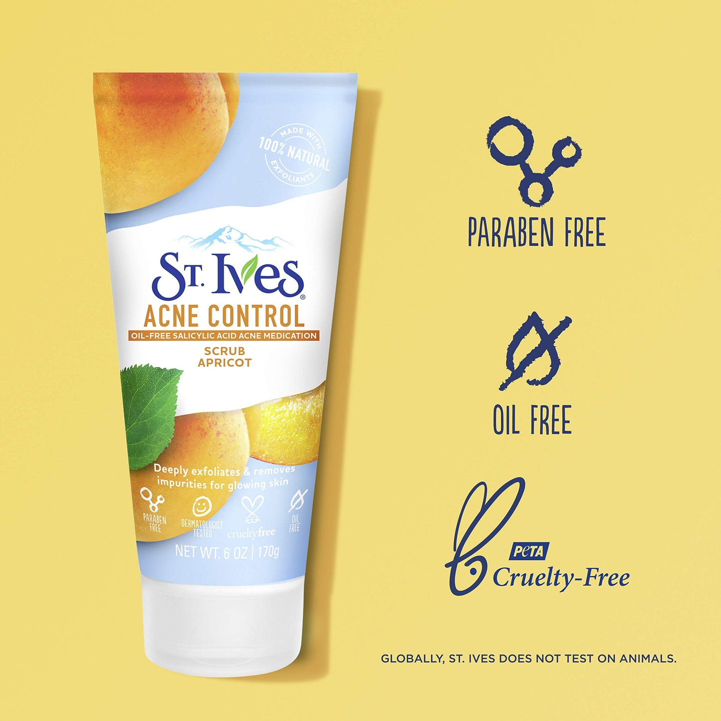 St. Ives Acne Control Face Scrub Deeply Exfoliates and Prevents Acne for Smooth, Glowing Skin Apricot Made with Oil-Free Salicylic Acid Acne