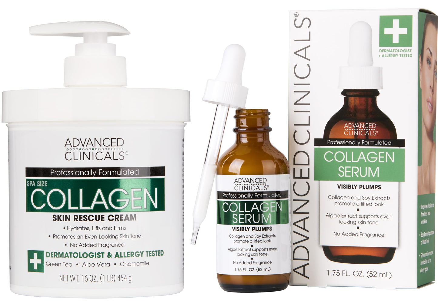 Advanced Clinicals Unscented Collagen Body Cream + Collagen Serum For Face 2PC Skincare Set | Face Serum & Body Lotion For Women & Men Helps Improve