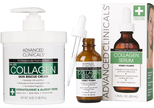 Advanced Clinicals Unscented Collagen Body Cream + Collagen Serum For Face 2PC Skincare Set | Face Serum & Body Lotion For Women & Men Helps Improve