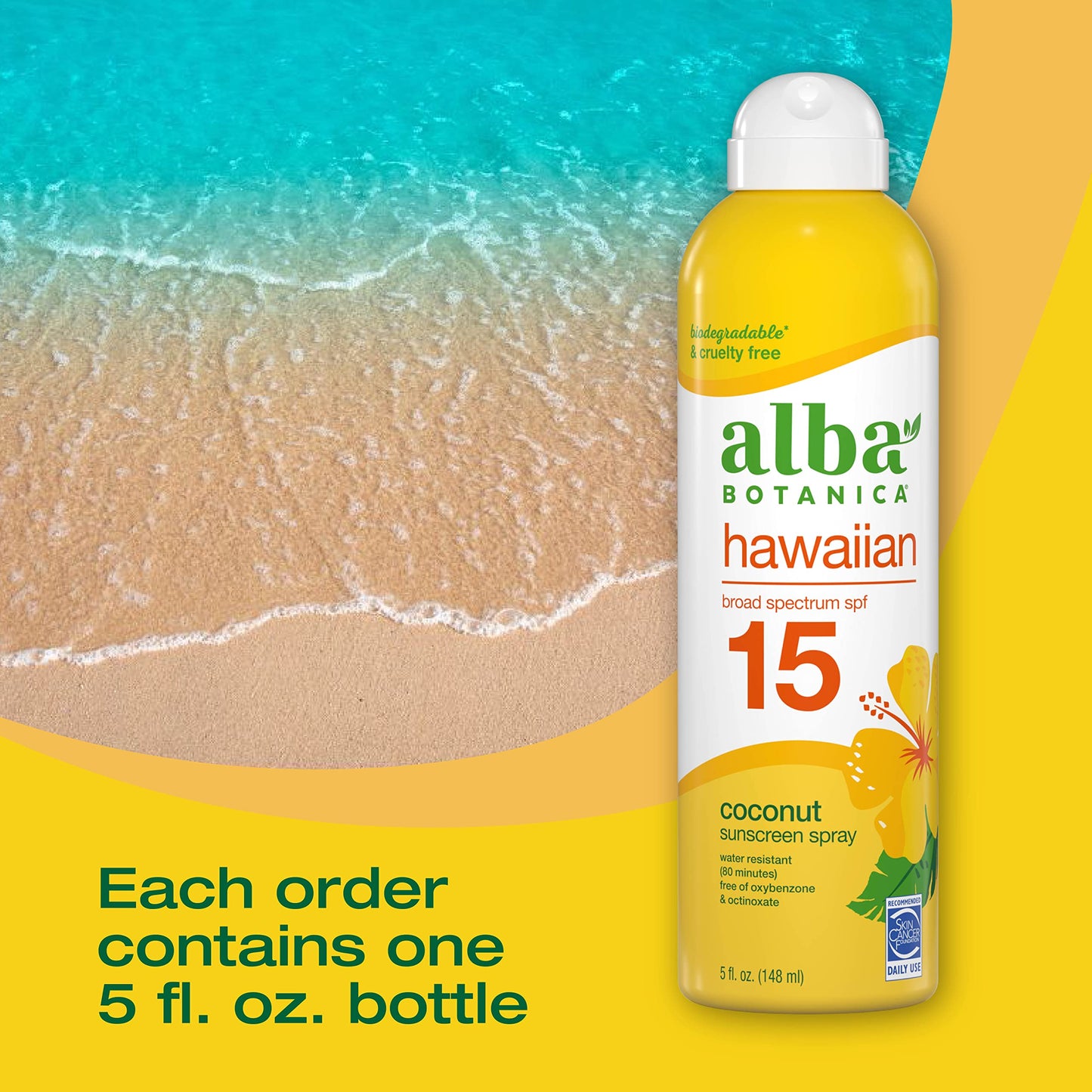 Alba Botanica Sunscreen Spray for Face and Body, Broad Spectrum SPF 15 Sunscreen, Hawaiian Coconut, Water Resistant and Biodegradable, 5 fl. oz.