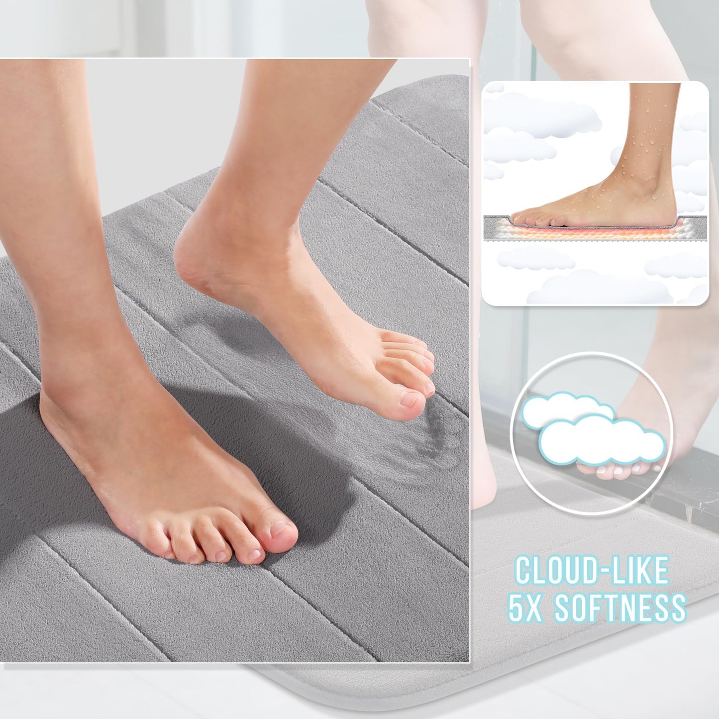 Yimobra Memory Foam Bath Mat, Super Soft & Absorbent, Non-Slip, Quick Dry, Machine Washable Rug for Bathroom, Tub & Shower, 24x17 in, Gray