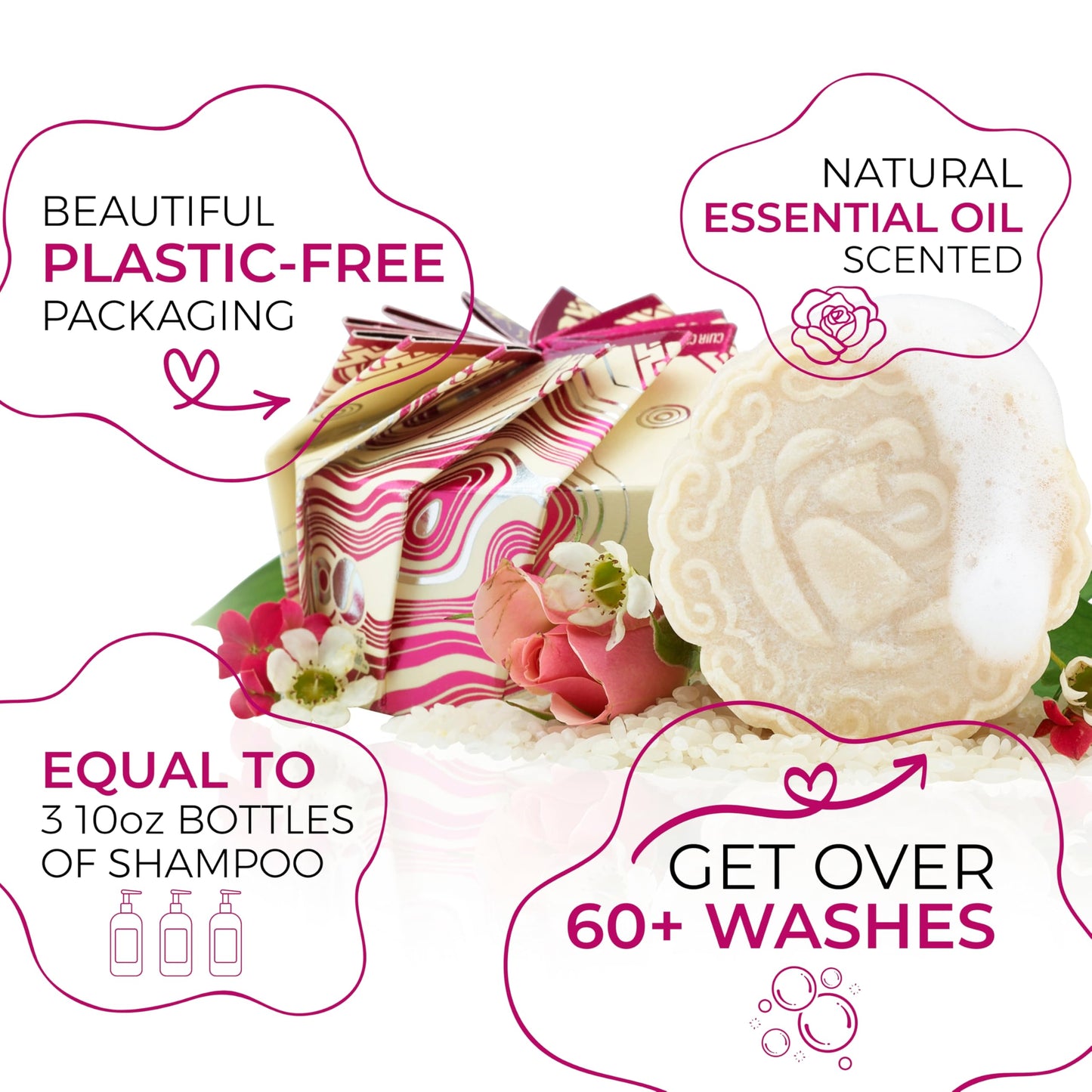Viori Chamomile Rose Essential Oil Shampoo Bar Made with Rice Water - Handcrafted All Natural Shampoo Bars - Sulfate Free