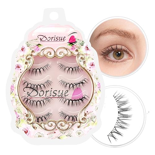Dorisue Natural Round Eyes False Eyelashes - Ultra-Thin Invisible Band Dolly Eye Lashes for Natural Volume Look, 5-10mm Center Length, 4 Pairs (E6)