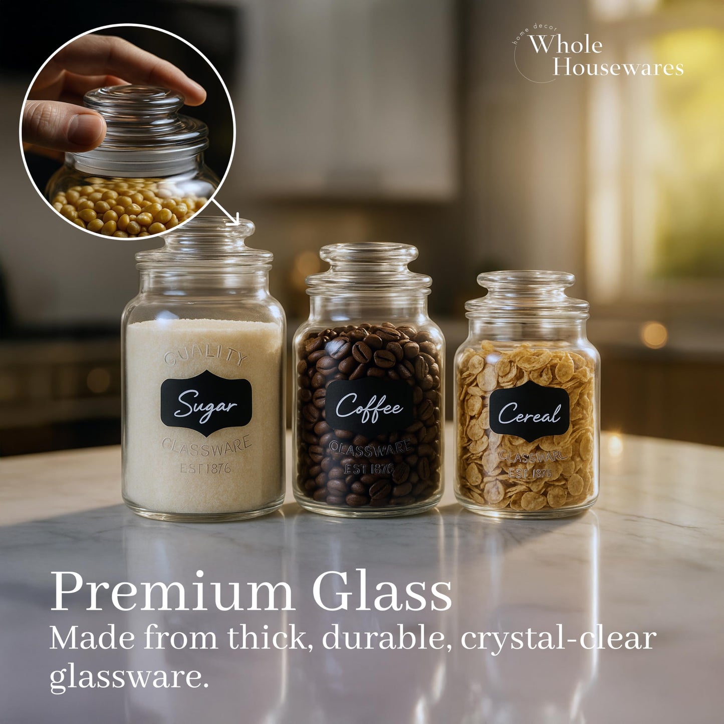 WHOLE HOUSEWARES Glass Canisters with Airtight Lids Set of 3 - Glass Storage Jars for Candy, Cookie, Flour, Sugar, Coffee - Sealed Food Storage…