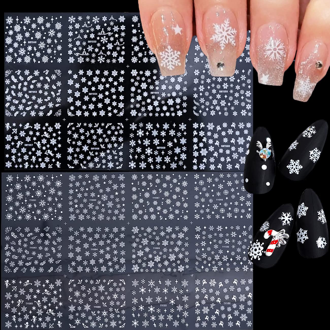 24 Sheets Snowflakes Nail Art Stickers Decals Christmas Nail Decals 3D Snowflake Self-Adhesive Nail Designs White and Sliver Winter Nail Art Supplies
