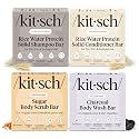 Kitsch 4pc Set - Rice Water Shampoo and Conditioner Set + Charcoal Body Wash Bar & Exfoliating Sugar Body Scrub - Hair & Body Bar Soap - Silicone