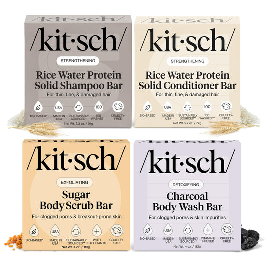 Kitsch 4pc Set - Rice Water Shampoo and Conditioner Set + Charcoal Body Wash Bar & Exfoliating Sugar Body Scrub - Hair & Body Bar Soap - Silicone