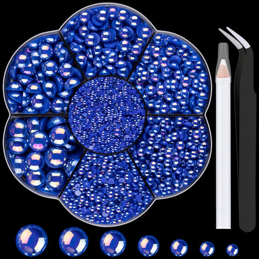 Nail Art Flat Back Half Round Pearl Kits 18, 1 Box of 6000 Pcs Flat-Back Ryoal Blue AB Pearl with Tweezer and Picker Pencil for Home DIY Nails Body