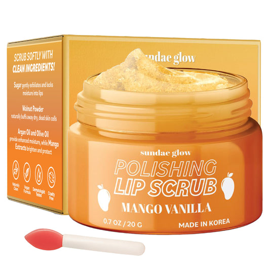 Sundae Glow Lip Scrub with Mango Vanilla - Exfoliates, Hydrates & Repairs - Smooths, Softens & Revitalizes Dry Lips - Dermatologist Tested, Korean