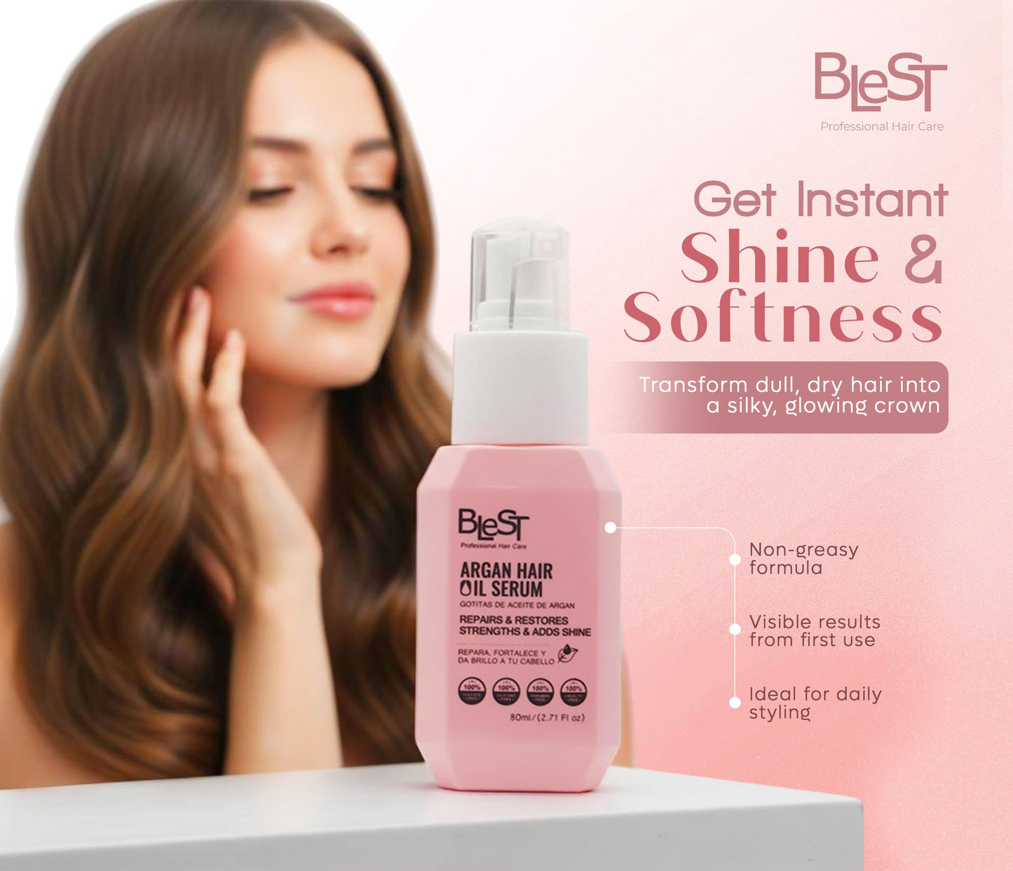 BLEST PROFESSIONAL Argan Hair Oil Serum - Lightweight Nourishing Treatment with Organic Argan Oil for Hair Growth, Shine & Repair - Deep Moisturizing