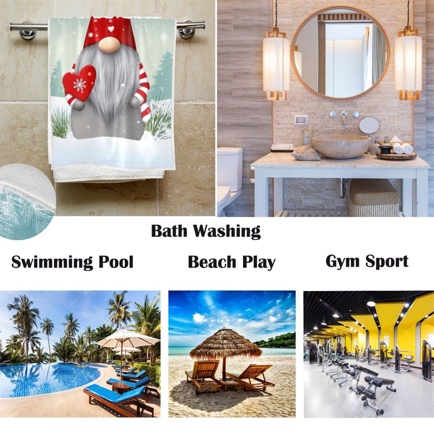 Christmas Gnome Tomte Hand Towels 16x30 in Bathroom Towel, Winter Elves with Red Hearts Snowflake Soft Absorbent Small Bath Towel Merry Christmas…